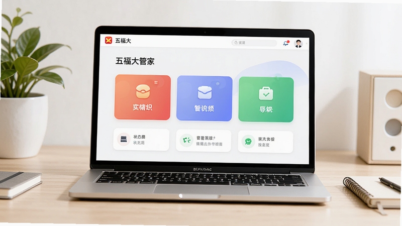 画面中央放置一台打开的笔记本电脑,屏幕上显示五福大管家的主界面,界面中有清晰的卡片式功能入口和状态指示图标,背景为整洁的浅色书桌区域,桌面有绿植和笔记本,整体色调明亮柔和,适合软件下载站展示风格