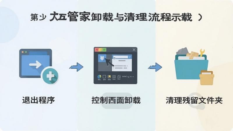五福大管家卸载与清理流程示意图,画面分为三步,第一步退出程序,第二步控制面板卸载,第三步清理残留文件夹,每步配有简洁图标和文字标注,整体风格扁平化,浅色背景