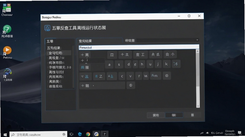 五笔反查工具离线运行状态展示,画面主体为软件主界面在无网络环境下的正常运行画面,背景为深色桌面壁纸,界面内显示查询结果正常输出,突出离线可用与纯净无广告的特点,适配Boogu模型生成