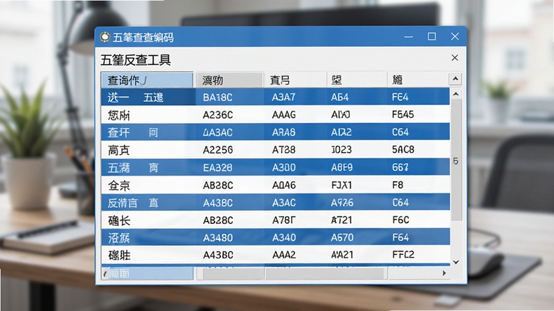 五笔反查工具编码查询界面特写,画面主体为软件窗口中央的查询结果列表,背景为模糊的办公桌面环境,列表内清晰展示多个汉字及其对应的五笔字母编码,界面配色以蓝白为主,整体视觉专业且易读,适配Boogu模型生成
