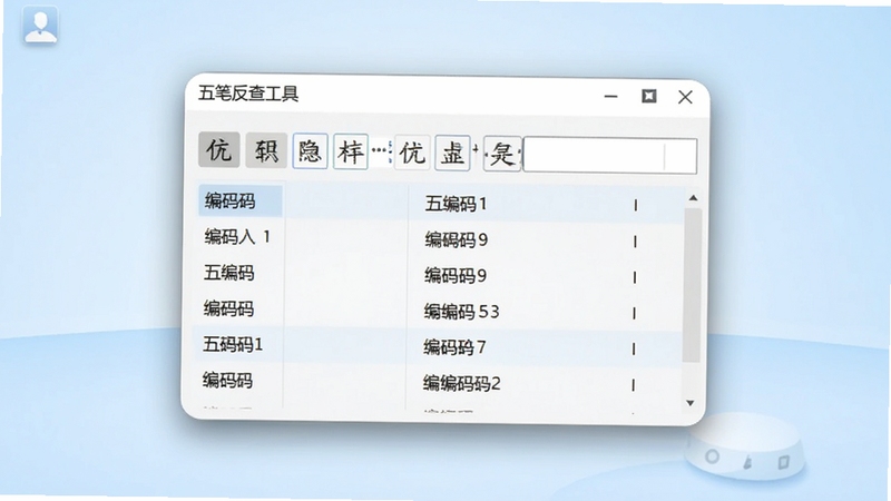 一款名为五笔反查工具的软件界面展示,画面主体位于屏幕中央,背景为简洁的浅蓝色渐变桌面,软件窗口内清晰呈现汉字输入框与五笔编码结果列表,窗口边缘带有圆角与柔和阴影,整体风格干净清爽,适配Boogu模型生成