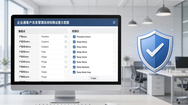 企业通客户关系管理系统权限设置页面示意图,画面展示角色列表与权限勾选项,背景为淡灰色办公环境,右侧有盾牌图标象征数据安全,整体风格专业稳重