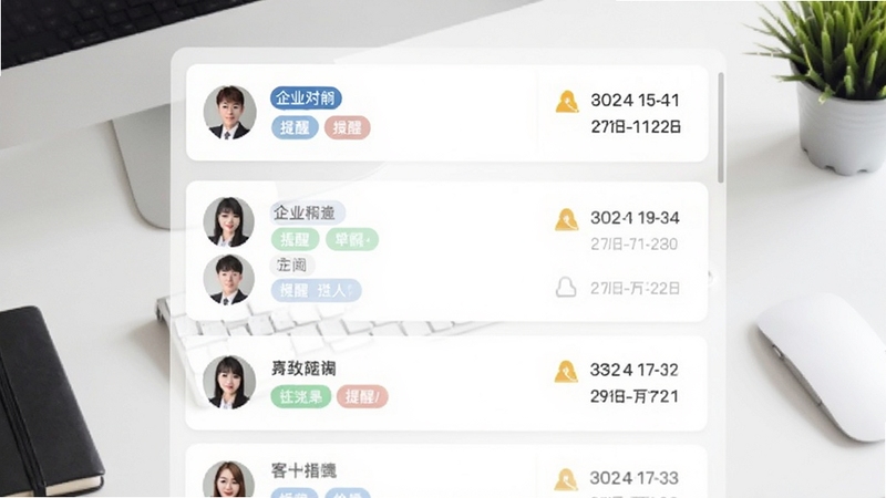 企业通客户关系管理系统客户跟进时间线界面截图,画面主体为纵向排列的沟通记录卡片,左侧有客户头像与标签,右侧显示提醒图标与日期,背景为白色办公桌面,风格清爽简约