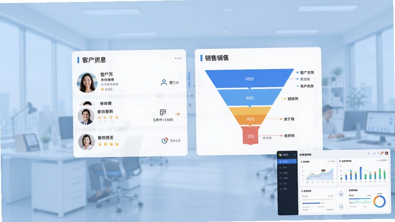企业通客户关系管理系统软件主界面全景图,画面中央为悬浮的客户资料卡片与销售漏斗图表,背景为浅蓝色渐变办公场景,右下角展示数据统计面板,整体风格简洁商务,适配Boogu模型生成