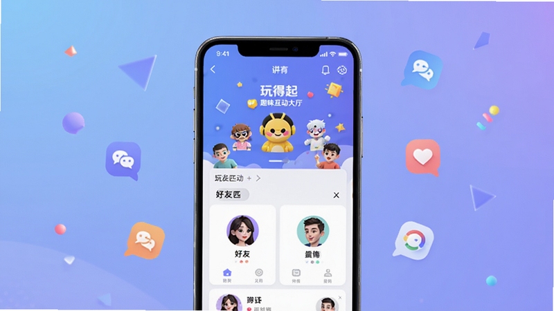 玩得起软件主界面全貌展示,画面中央是明亮的手机屏幕,屏幕内呈现玩得起的趣味互动大厅与好友匹配列表,背景区域是柔和的渐变蓝紫色调,点缀着轻快的几何图形与社交图标,整体风格简洁活泼,适配移动端应用展示场景