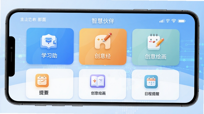 智慧伙伴APP主界面全貌展示,画面中央为软件首页功能卡片区域,背景为浅蓝色渐变科技风格,包含学习助手、创意绘画、日程提醒等核心功能入口图标,整体视觉清爽简洁,适配安卓手机屏幕比例