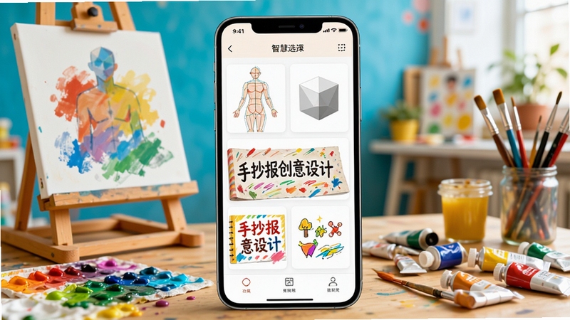 智慧伙伴APP创意绘画辅助功能展示,画面中央为手机屏幕显示绘画模板选择界面,包含人体结构几何体速写、手抄报创意设计等缩略图,背景为画室环境,有画架和颜料,色彩丰富明亮