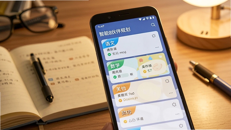 智慧伙伴APP智能学习规划界面,画面中一部安卓手机屏幕显示学习计划列表,包含语文、数学、英语等科目任务卡片,背景为书桌场景,有笔记本和文具,暖色调光线,体现专注学习氛围