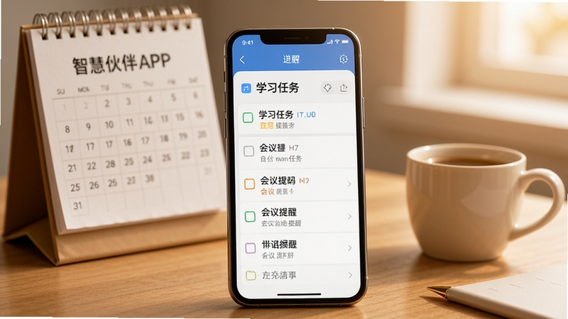 智慧伙伴APP日程提醒功能界面,手机屏幕显示日历视图与待办事项列表,包含学习任务、会议提醒等条目,背景为办公桌面,有台历和咖啡杯,色调温暖舒适