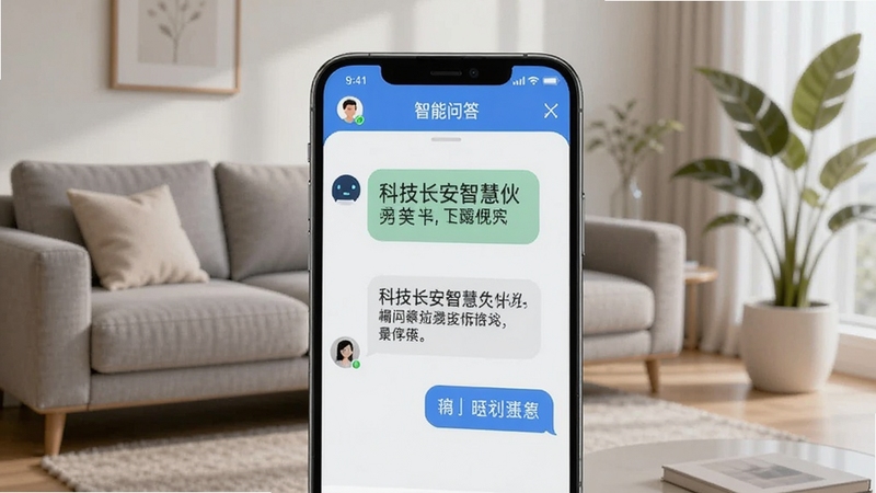 智慧伙伴APP智能问答对话界面,画面中手机屏幕显示用户与AI助手的对话气泡,提问内容关于科技长安智慧伙伴相关概念,背景为现代简约客厅,有沙发和绿植,光线柔和