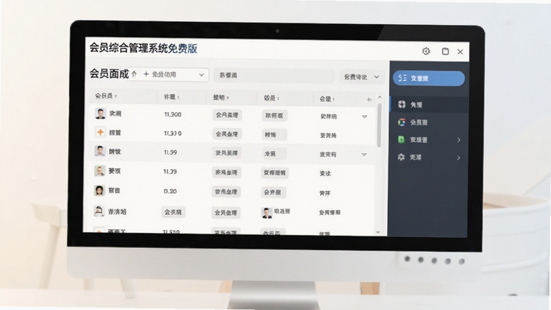 会员综合管理系统免费版主界面截图,画面主体位于屏幕中央偏上位置,背景区域为干净的浅色渐变桌面,界面元素清晰可见,包含会员列表与功能菜单栏,整体风格简洁现代,突出软件免费易用的特点