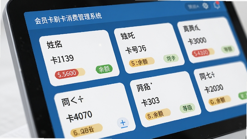 会员卡刷卡消费管理系统会员信息管理界面特写,屏幕显示多个会员档案卡片,包含姓名、卡号、余额、等级标签,界面整洁清晰,蓝色主色调,UI设计风格,高清渲染
