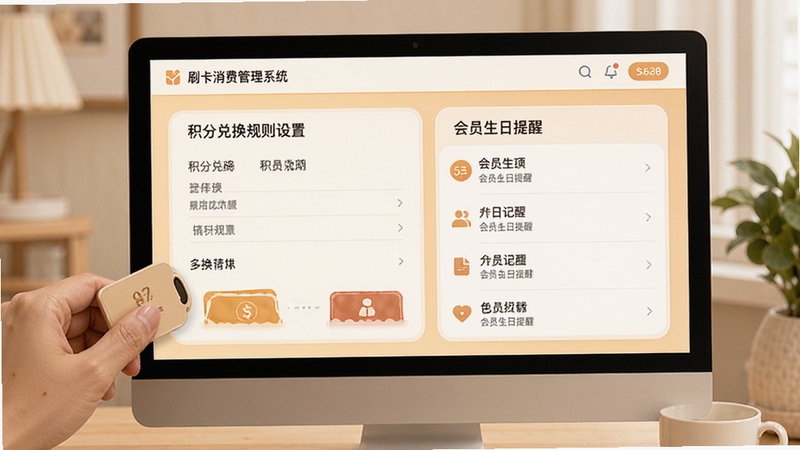 会员卡刷卡消费管理系统积分管理界面,屏幕显示积分兑换规则设置与会员生日提醒列表,温馨色调,UI界面设计,高清细节