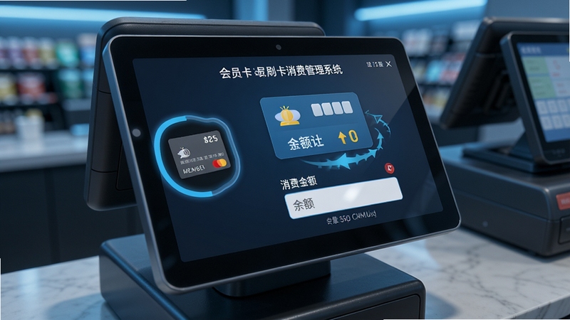 会员卡刷卡消费管理系统刷卡消费操作界面,显示刷卡感应区与消费金额输入框,屏幕上有会员卡图案和余额扣减动画,收银台背景,科技感风格,高清细节