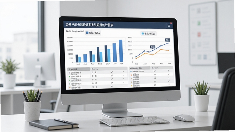 会员卡刷卡消费管理系统数据统计报表界面,柱状图与折线图展示营业数据,屏幕显示消费记录列表,办公桌上电脑屏幕,简约商务风格,高清渲染