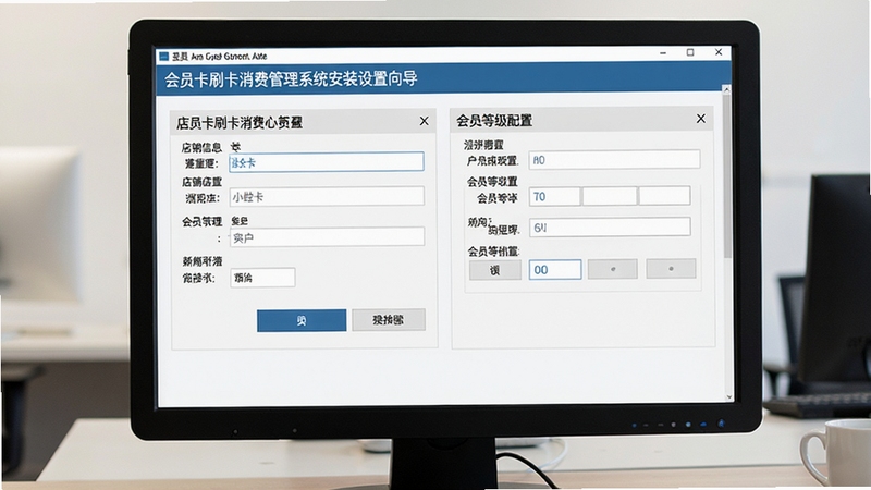 会员卡刷卡消费管理系统安装设置向导界面截图,显示店铺信息填写与会员等级配置页面,电脑屏幕特写,简洁办公风格,高清细节