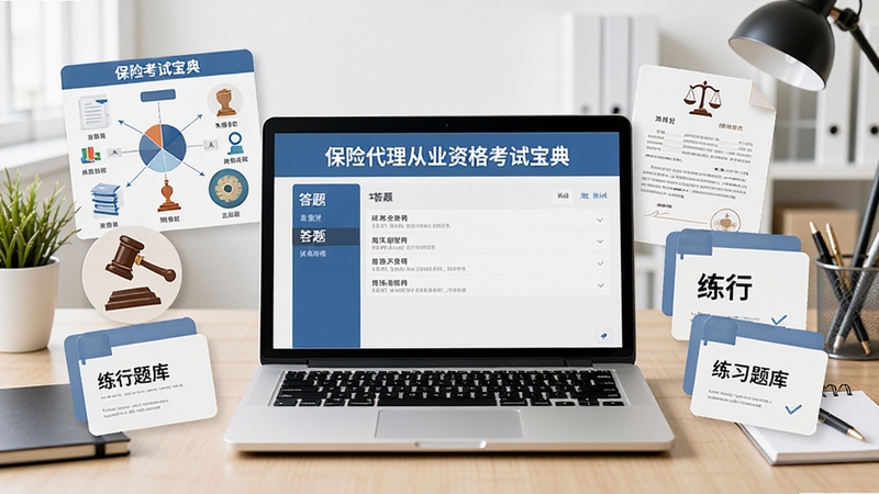 画面中央是一台打开的笔记本电脑,屏幕上显示着保险代理从业资格考试宝典的答题界面,周围环绕着保险知识图表、法律文书图标和练习题库卡片,背景区域是整洁的办公桌面环境,整体色调明亮专业,画面清晰展现备考刷题的场景氛围