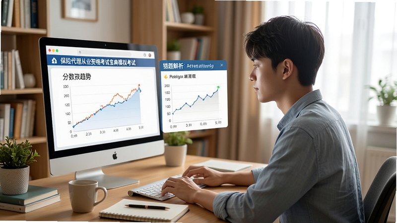 一位年轻考生坐在书桌前,面对电脑屏幕上的保险代理从业资格考试宝典模拟考试界面,屏幕旁边浮现出分数趋势折线图和错题解析面板,背景是温馨的书房环境,桌上放着笔记本和咖啡杯,画面风格写实明亮
