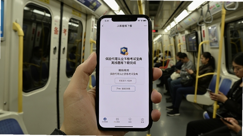 一只手拿着智能手机,屏幕上显示保险代理从业资格考试宝典的离线题库下载完成提示,背景是地铁车厢或公交站台,画面传达出随时随地利用碎片时间备考的便利场景