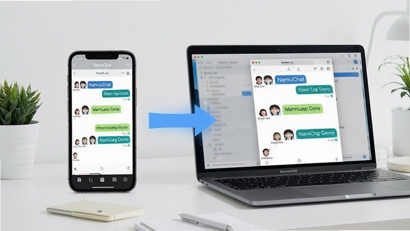 NamuChat 多端同步场景,一部手机与一台笔记本电脑并排显示相同聊天界面,数据同步箭头连接,背景为现代简约桌面,体现跨设备沟通的便捷性