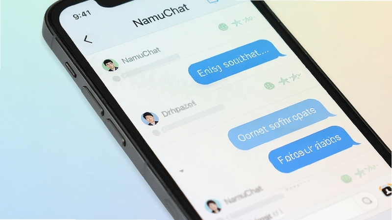 NamuChat 软件界面展示,手机屏幕中显示简洁聊天列表与对话气泡,背景为浅色渐变,画面清晰明亮,突出即时通讯的轻快感