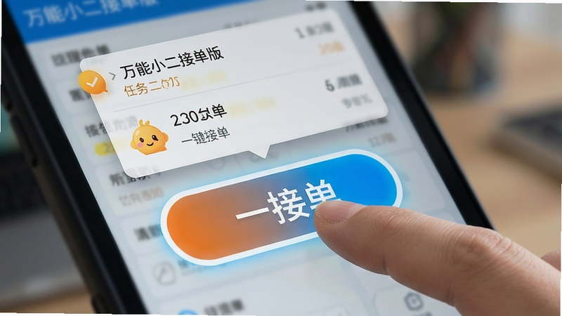 万能小二接单版 一键接单按钮特写 手指点击屏幕上的接单按钮 按钮为高亮色 周围有任务详情浮层 背景虚化处理 突出操作焦点