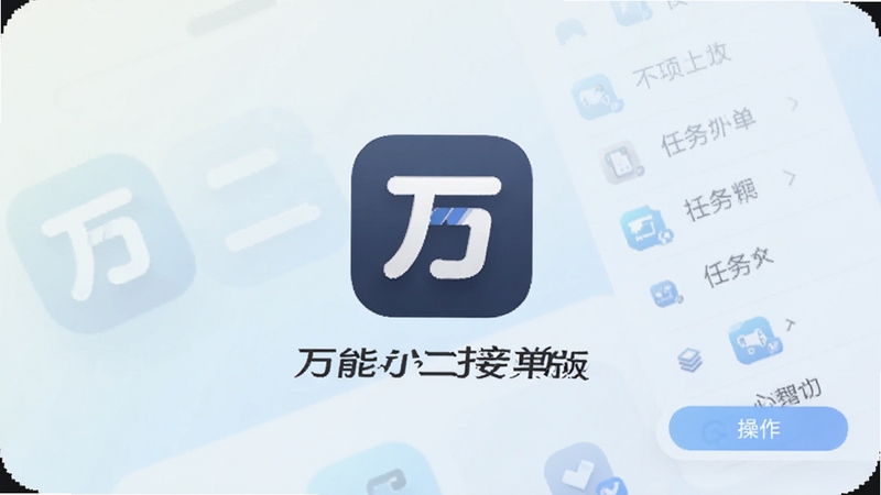 万能小二接单版 手机应用主界面展示 居中位置为软件图标与名称 背景为浅色渐变 突出接单任务列表与操作按钮 整体风格简洁商务 适配Boogu模型生成
