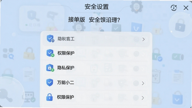万能小二接单版 安全设置界面 显示权限管理列表 背景为淡蓝色 图标清晰 突出隐私保护功能