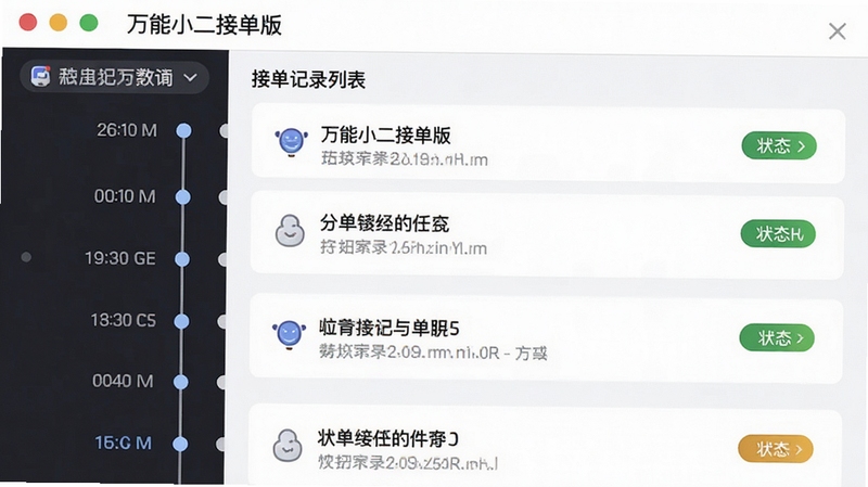 万能小二接单版 接单记录列表界面 左侧为时间轴 右侧为任务条目 状态标签用不同颜色区分 整体布局清晰 背景为白色 突出记录查询功能