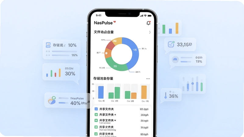 NasPulse 资源概况展示界面,画面中央为手机屏幕,屏幕内以环形图和条形图展示存储池容量分布,不同颜色区分各类文件占用比例,下方列表显示共享文件夹详情。背景为柔和的浅蓝色渐变,手机旁有半透明的数据标签浮动,整体风格清新易读,适配 Boogu 模型生成。