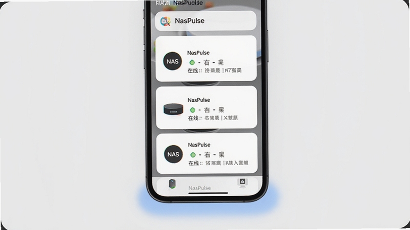 NasPulse 多设备管理界面,画面主体为手机屏幕,屏幕内列出多个 NAS 设备的连接卡片,每个卡片显示设备名称、在线状态和简要资源数据。背景为浅灰色极简风格,手机下方有淡蓝色阴影,整体干净利落,适配 Boogu 模型生成。
