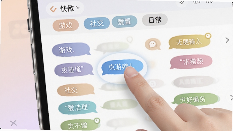 爱游输入法快捷短语设置界面,画面展示多个分类标签如游戏、社交、日常,每个标签下排列着彩色气泡样式的短语条目,用户手指正点击其中一条,背景为柔和的浅色渐变,突出爱游输入法的便捷性