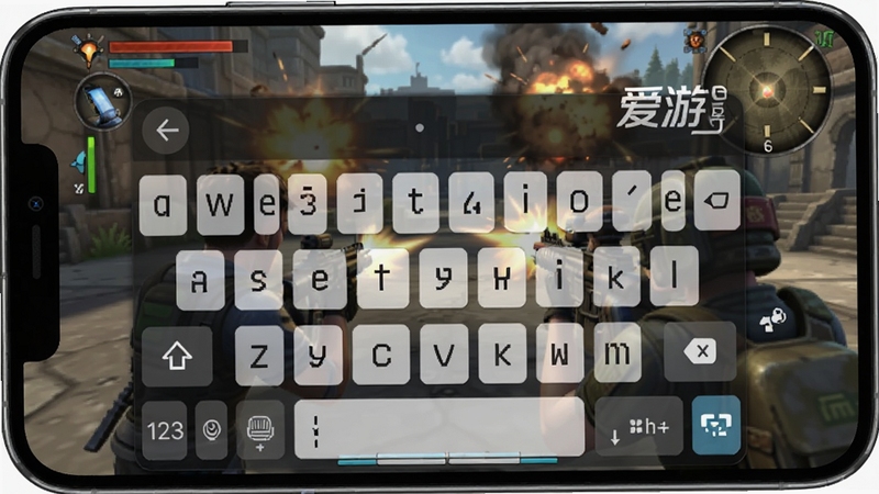 爱游输入法在手机游戏画面上以悬浮小窗形式显示,键盘半透明,按键布局紧凑,背景为激烈的射击游戏对战场景,画面中带有爱游输入法logo水印,细节清晰,光影自然