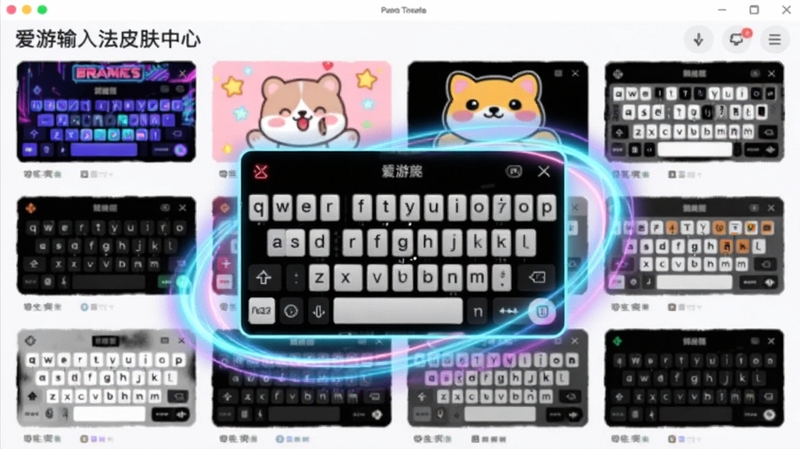 爱游输入法皮肤中心界面,展示多款风格迥异的键盘皮肤预览图,包括赛博朋克、萌系动物、极简黑白等,画面中央一款皮肤正在被选中并放大显示,周围有动态光效环绕,整体色彩鲜艳