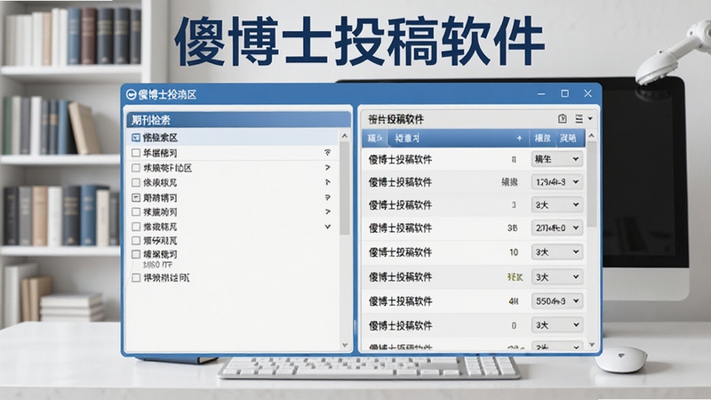 傻博士投稿软件主界面全貌展示,画面中央是软件功能面板,左侧为期刊检索区,右侧为稿件管理列表,整体色调以蓝白为主,背景是简洁的学术风格书架与电脑桌面,适配Boogu模型生成,画面清晰,细节丰富,软件名字傻博士投稿软件醒目显示在顶部标题栏