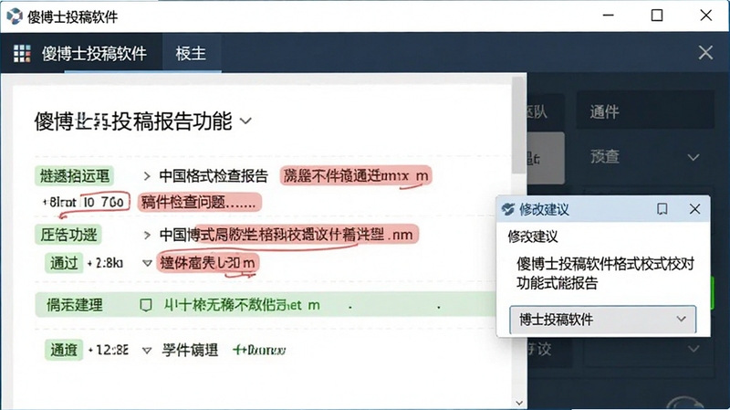 傻博士投稿软件格式校对功能界面特写,屏幕上显示稿件格式检查报告,红色标注问题项,绿色标注通过项,旁边有修改建议弹窗,整体界面简洁专业,软件名字傻博士投稿软件在窗口标题栏清晰可见,适配Boogu模型生成