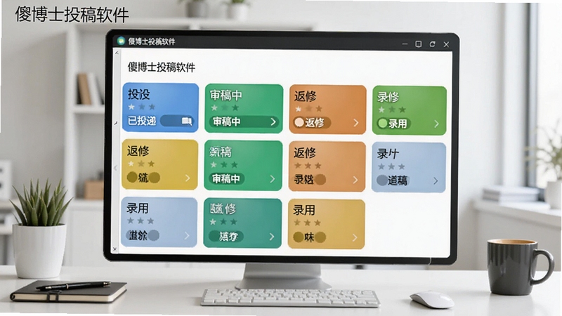 傻博士投稿软件稿件进度管理看板界面,显示多篇论文的投稿状态卡片,包括已投递、审稿中、返修、录用等不同状态,色彩区分清晰,背景是简约的办公桌面,软件名称傻博士投稿软件在界面左上角显示,适配Boogu模型生成