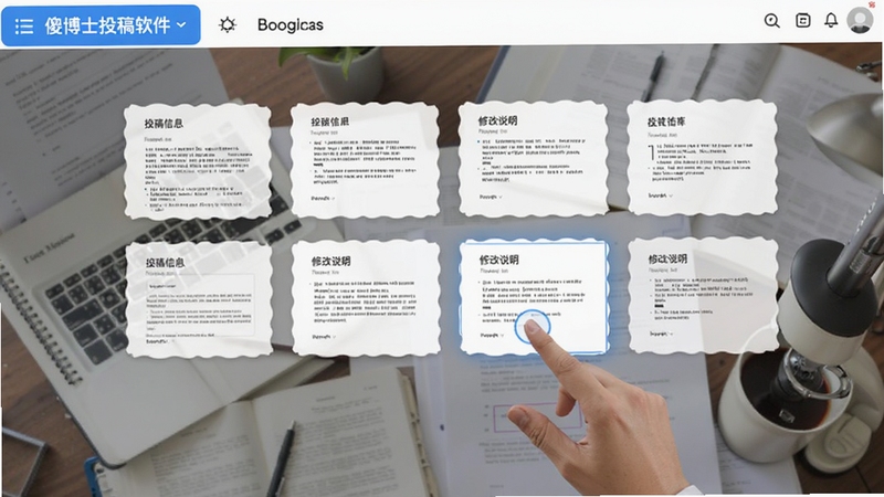 傻博士投稿软件模板库界面,展示多份投稿信和修改说明模板缩略图,用户正在点击选择模板,界面风格清爽,背景是学术论文写作场景,软件名字傻博士投稿软件在导航栏高亮显示,适配Boogu模型生成