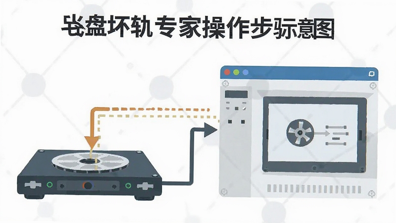 光盘坏轨专家操作步骤示意图,展示光驱连接与软件读取流程,简洁扁平化风格