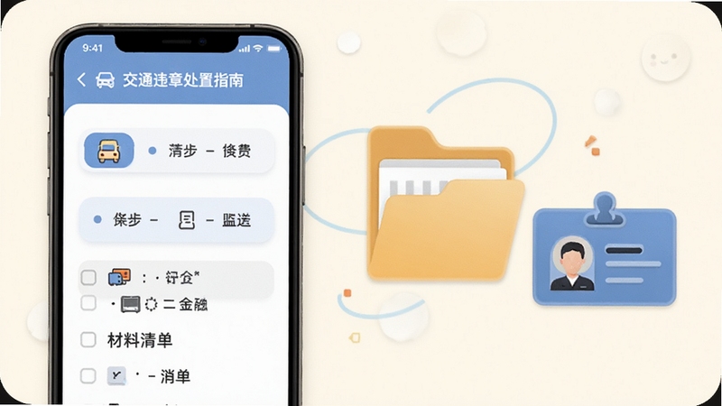 交通违章处置指南处理流程引导页面,画面中手机屏幕展示步骤条与材料清单,旁边有文件夹和证件图标,背景为柔和米白色,体现分步引导的清晰感,适配Boogu模型生成