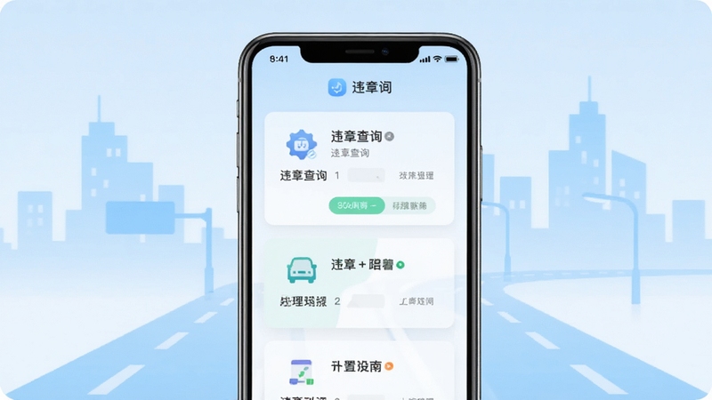 交通违章处置指南软件主界面展示,画面中央是一部竖屏智能手机,屏幕内显示违章查询与处理功能卡片,背景为浅蓝色渐变城市道路剪影,整体风格简洁清爽,适配Boogu模型生成