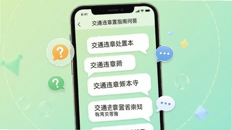 交通违章处置指南问答页面,手机屏幕显示问答列表气泡,旁边有问号图标和对话气泡,背景为浅绿色渐变,营造轻松答疑氛围,适配Boogu模型生成