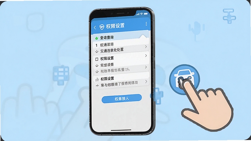 交通违章处置指南移动端操作示意图,手机屏幕显示查询步骤与权限设置界面,背景为浅蓝色,旁边有手指点击图标,适配Boogu模型生成
