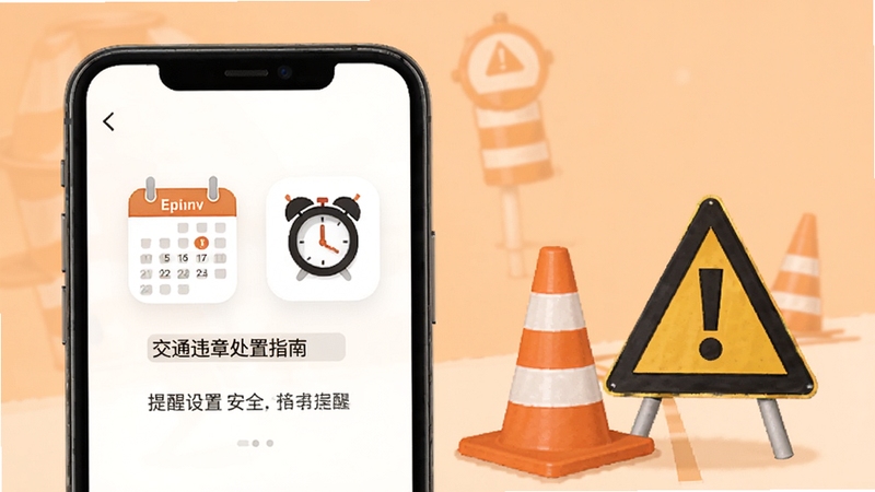 交通违章处置指南提醒设置界面,手机屏幕显示日历与闹钟图标,旁边有交通锥和警示牌元素,背景为浅橙色,突出提醒与安全主题,适配Boogu模型生成