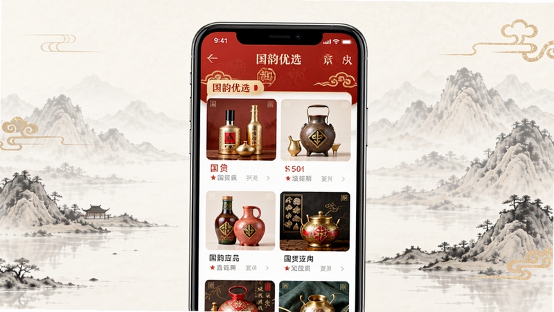 国韵优选APP主界面展示,画面中央为手机屏幕显示国韵优选应用首页,界面以中国风红金配色为主,展示各类国货精品与传统文化内容板块,背景为淡雅的水墨山水图案,整体风格典雅大气,适配Boogu模型生成