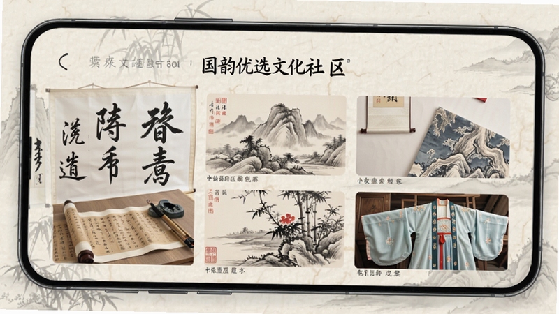 国韵优选文化社区界面,手机屏幕展示传统文化图文内容,画面中有书法作品、国画和汉服元素,背景为淡雅的宣纸纹理,营造出浓厚的文化氛围,适配Boogu模型生成