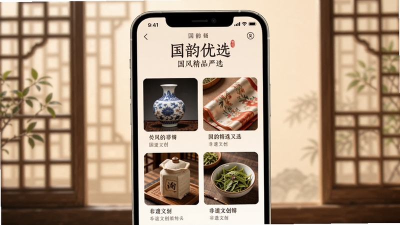 国韵优选国风精品严选页面,手机屏幕显示各类传统手工艺品和非遗文创商品列表,画面中有精美的瓷器、丝绸、茶叶等元素,背景为中国古典园林窗格图案,整体色调温暖柔和,适配Boogu模型生成