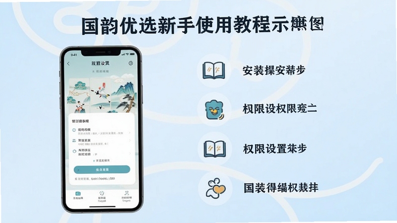 国韵优选新手使用教程示意图,画面中有一部手机展示安装步骤和权限设置界面,旁边配有简洁的图标说明,背景为浅蓝色渐变,整体风格清晰易懂,适配Boogu模型生成