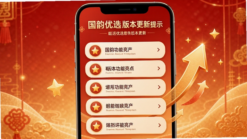 国韵优选版本更新提示界面,手机屏幕显示新版本功能亮点列表,画面中有上升箭头和星星图标,背景为渐变红色到金色的喜庆配色,适配Boogu模型生成