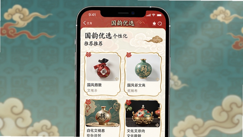 国韵优选个性化推荐页面,手机屏幕显示根据用户喜好推荐的国风商品和文化内容卡片,界面设计简洁优雅,有红色点缀和金色边框,背景为中国传统祥云图案,适配Boogu模型生成